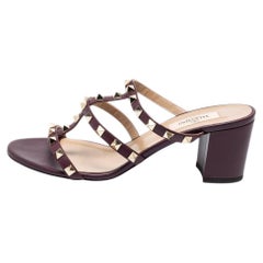 Valentino Burgundy Leather Rockstud Slide Sandals Size 38