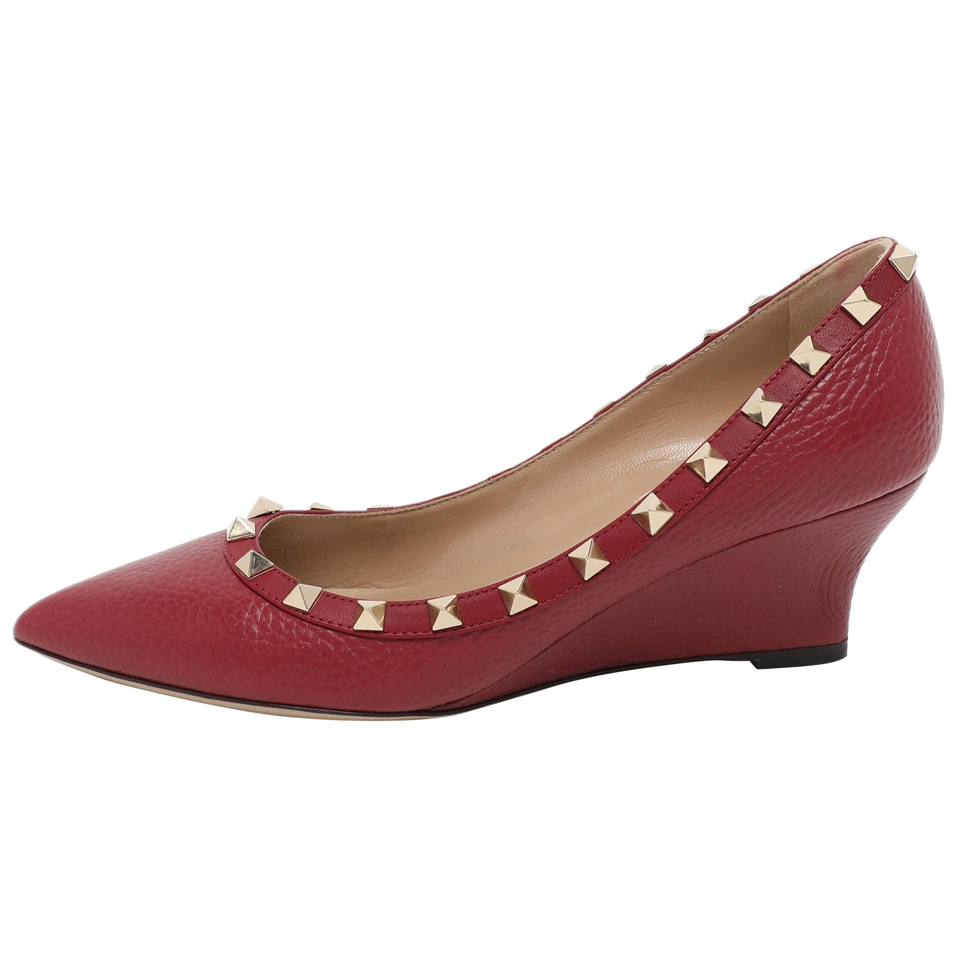 Valentino Burgundy Leather Rockstud Wedge Pumps Size 37