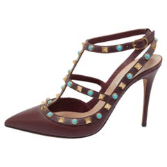 Valentino Burgundy Leather Rolling Rockstud Ankle-Strap Pumps Size 39