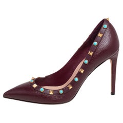 Valentino Burgundy Leather Rolling Rockstud Pointed Toe Pumps Size 39