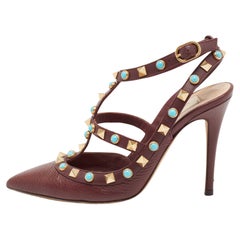 Valentino Burgundy Leather Rolling Rockstud Strappy Sandals Size 34