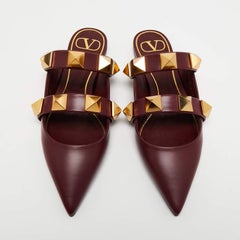 Valentino Burgundy Leather Roman Stud Flat Mules Size 37