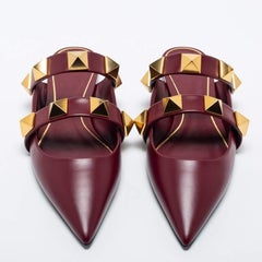 Valentino Burgundy Leather Roman Stud Flat Mules Size 38