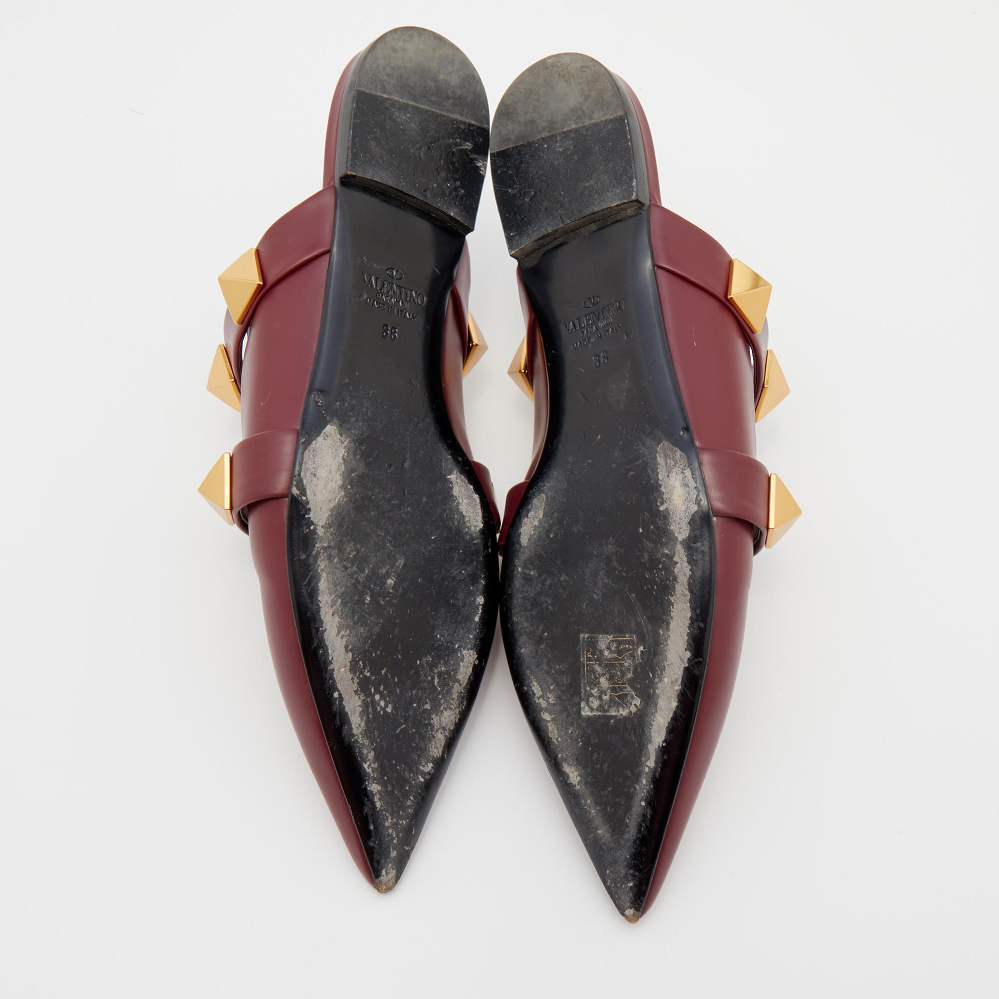 Women's Valentino Burgundy Leather Roman Stud Flat Mules Size 38