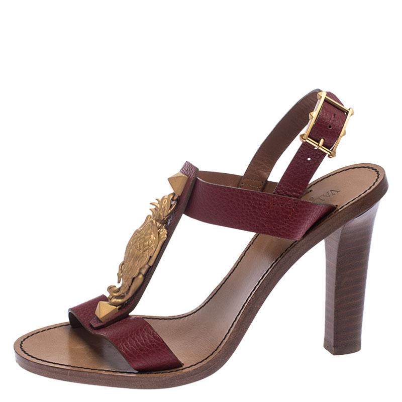Women's Valentino Burgundy Leather Scarab T-Strap Sandals Size 37
