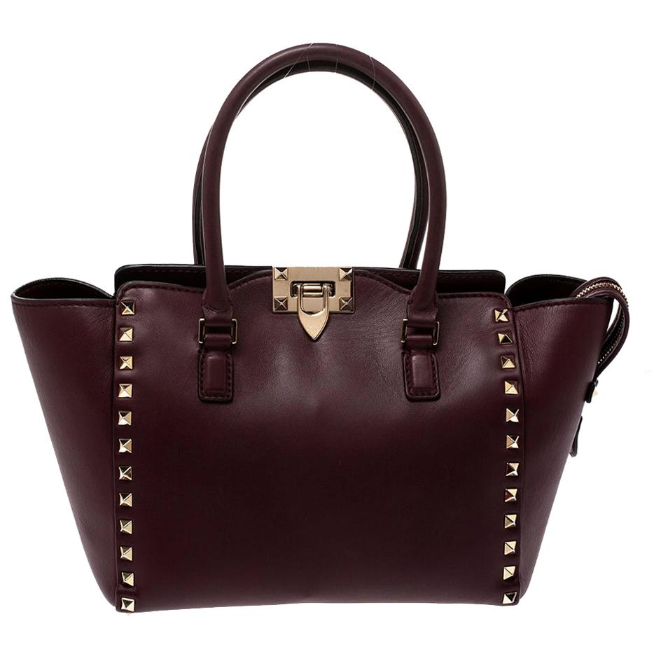 Valentino Burgundy Leather Small Rockstud Trapeze Tote