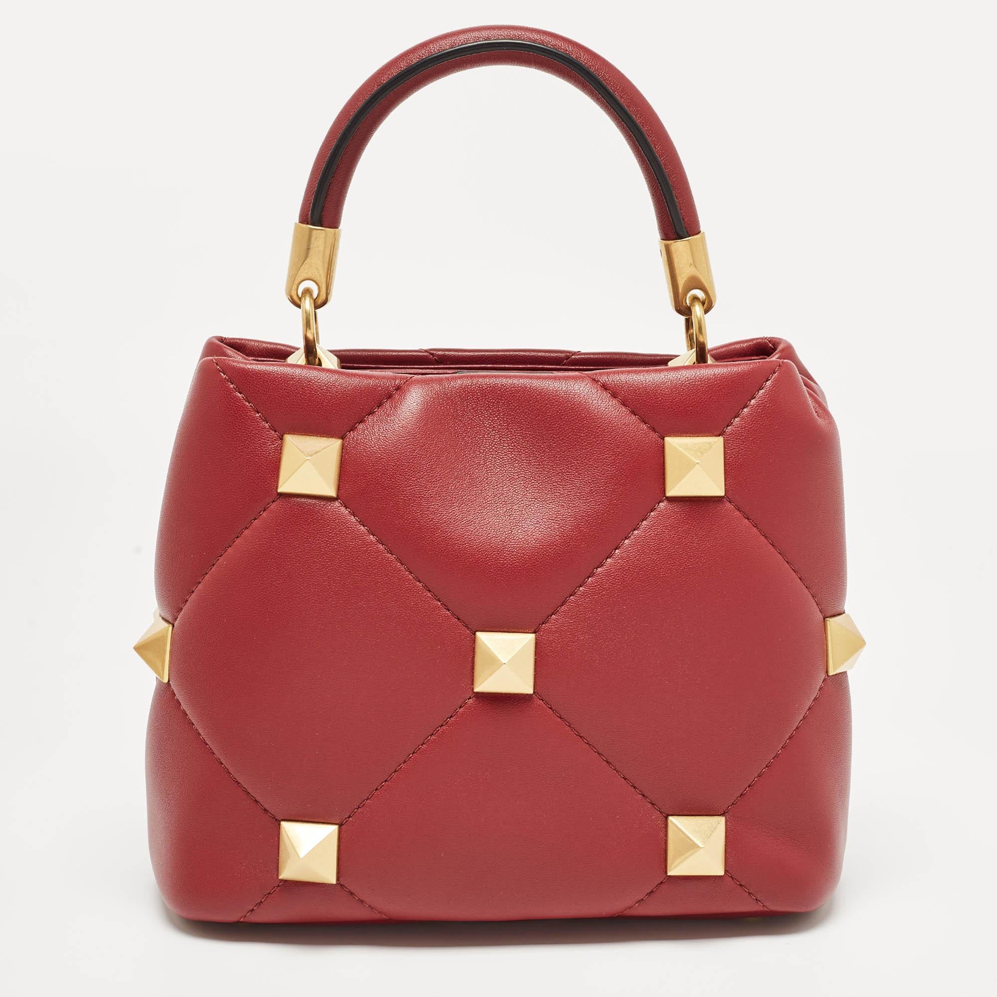 Valentino Burgundy Leather Small Roman Stud Top Handle Bag 6