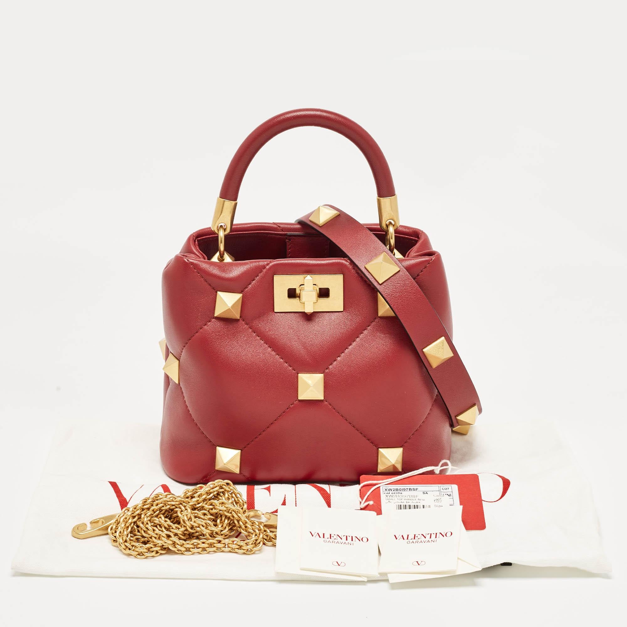 Valentino Burgundy Leather Small Roman Stud Top Handle Bag For Sale 8