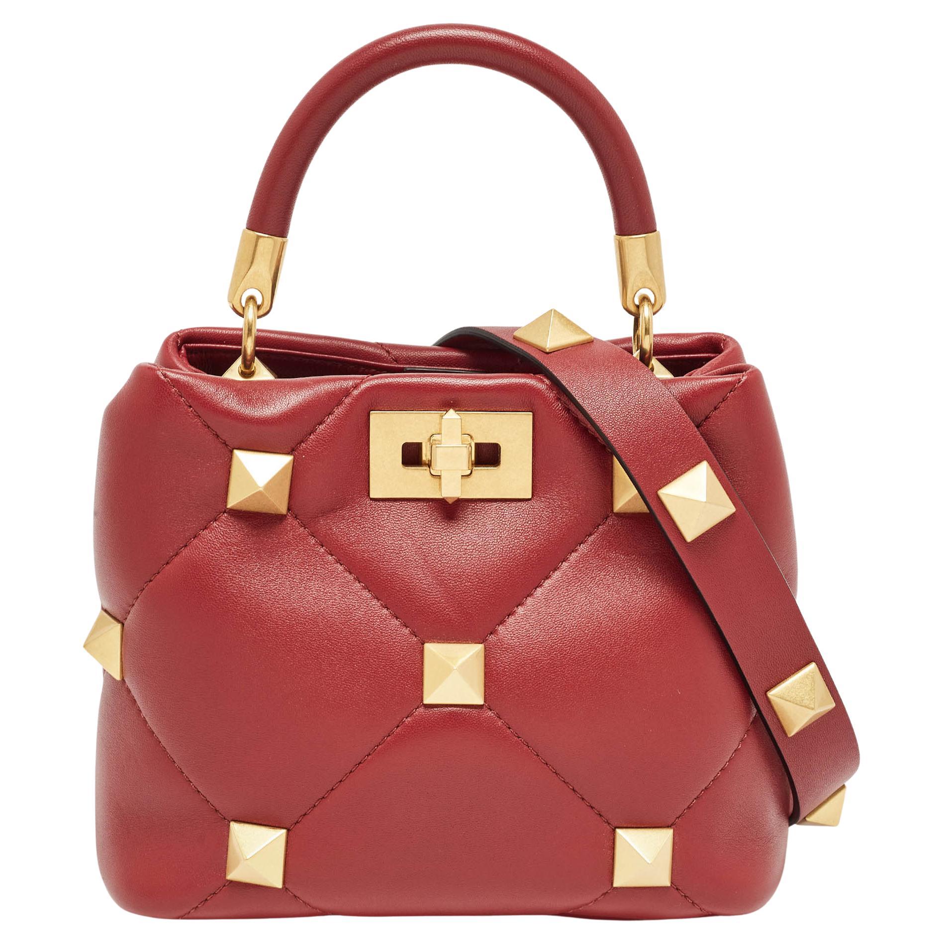 Valentino Burgundy Leather Small Roman Stud Top Handle Bag For Sale