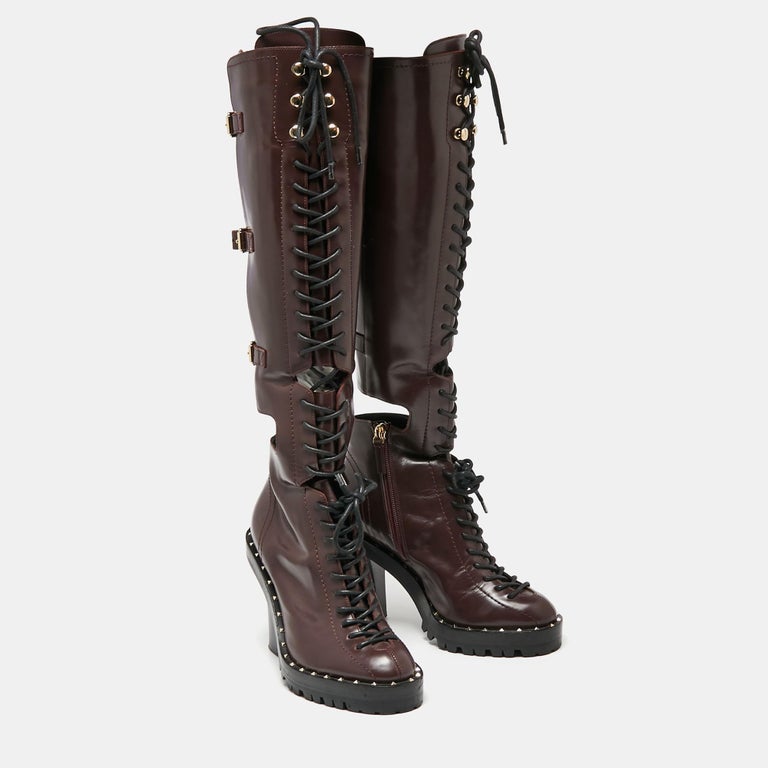 Valentino Burgundy Leather Soul Rockstud Combat Knee Length Boots Size 37  For Sale at 1stDibs