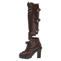 Valentino Burgundy Leather Soul Rockstud Combat Knee Length Boots Size 37