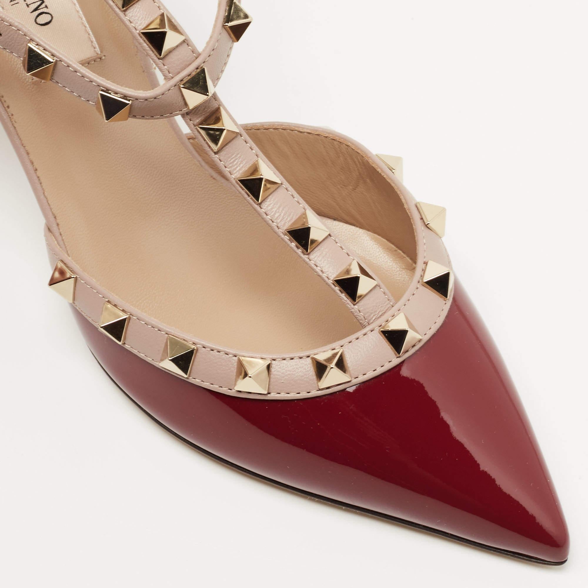 Valentino Burgundy Patent and Leather Rockstud Ankle Strap Pumps Size 36 In New Condition In Dubai, Al Qouz 2