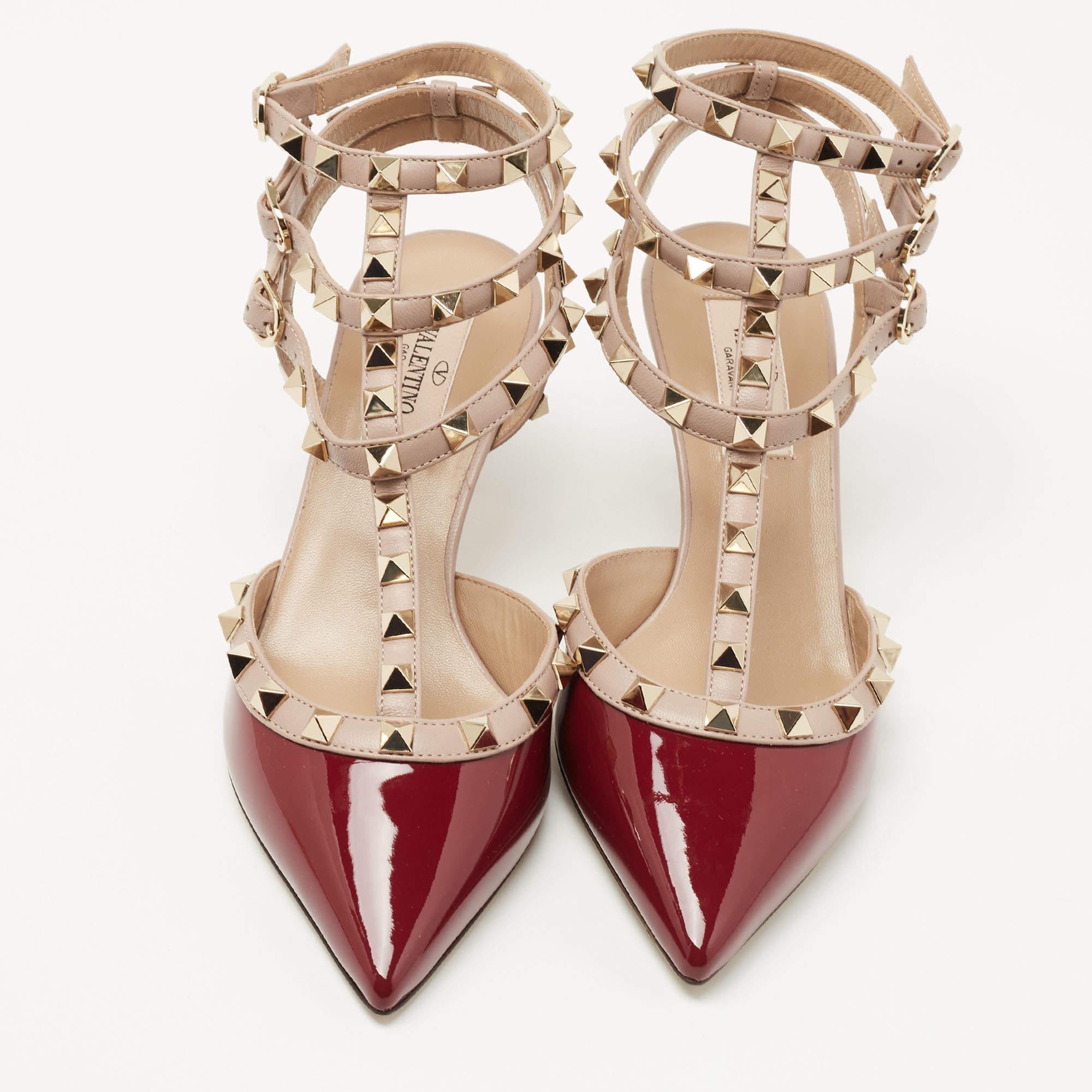 Valentino Burgundy Patent and Leather Rockstud Ankle Strap Pumps Size 36 2