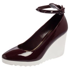 Valentino Burgundy Patent Leather Ankle Strap Wedge Pumps Size 38