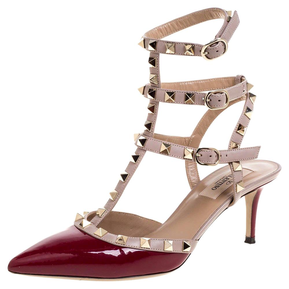 Valentino Burgundy Patent Leather Rockstud Sandals Size 38