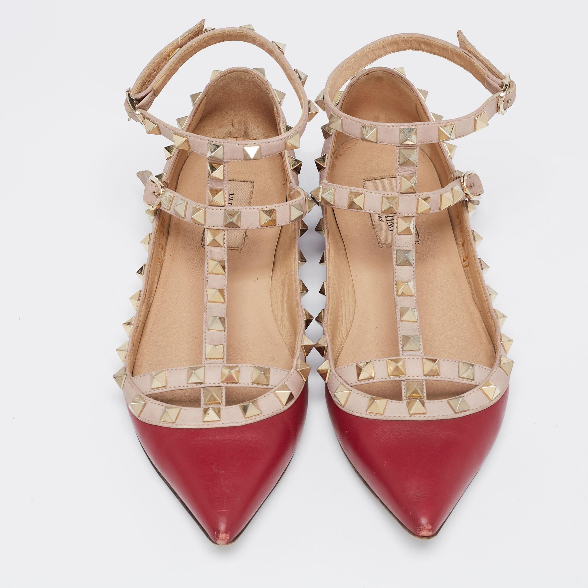 Brown Valentino Burgundy/Pink Leather Rockstud Ankle-Strap Ballet Flats Size 37