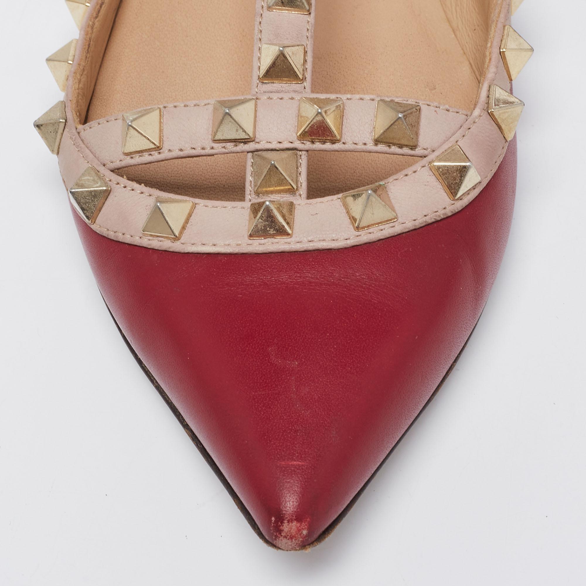 Women's Valentino Burgundy/Pink Leather Rockstud Ankle-Strap Ballet Flats Size 37