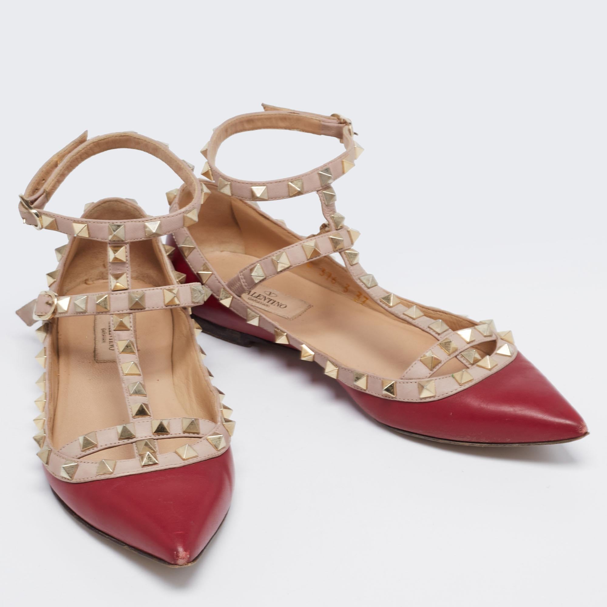 Valentino Burgundy/Pink Leather Rockstud Ankle-Strap Ballet Flats Size 37 1