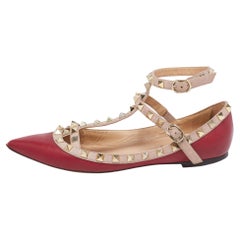 Valentino Burgundy/Pink Leather Rockstud Ankle-Strap Ballet Flats Size 37