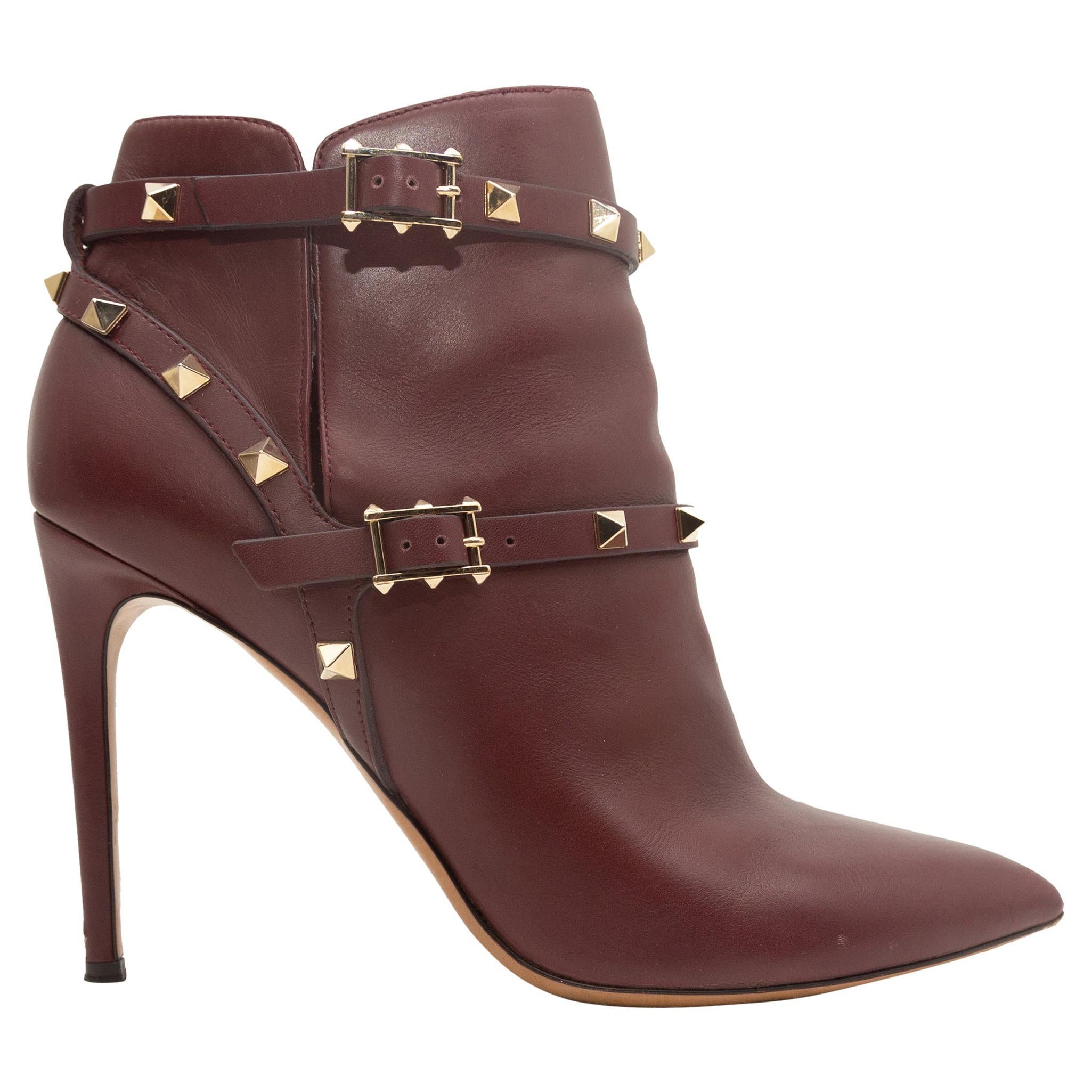 Valentino Burgundy Pointed-Toe Leather Rockstud Booties