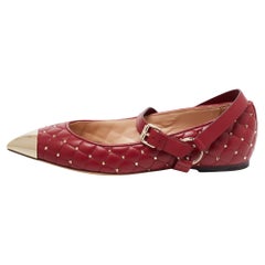 Valentino Burgundy Quilted Leather Rockstud Cap Toe Ballet Flats Size 37