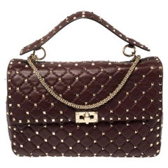 Valentino Burgundy Quilted Leather Rockstud Spike Top Handle Bag