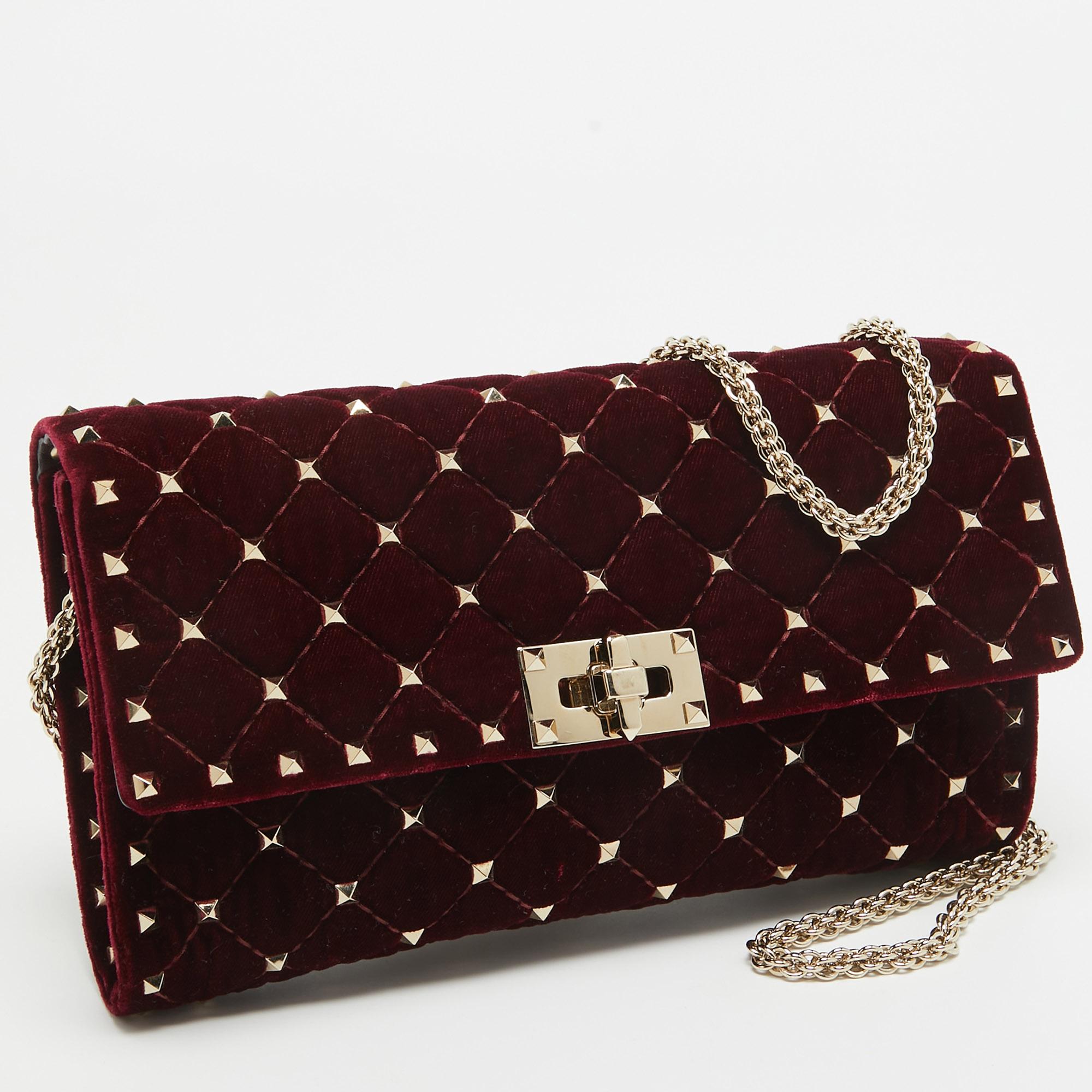 Black Valentino Burgundy Quilted Velvet Rockstud Spike Chain Clutch