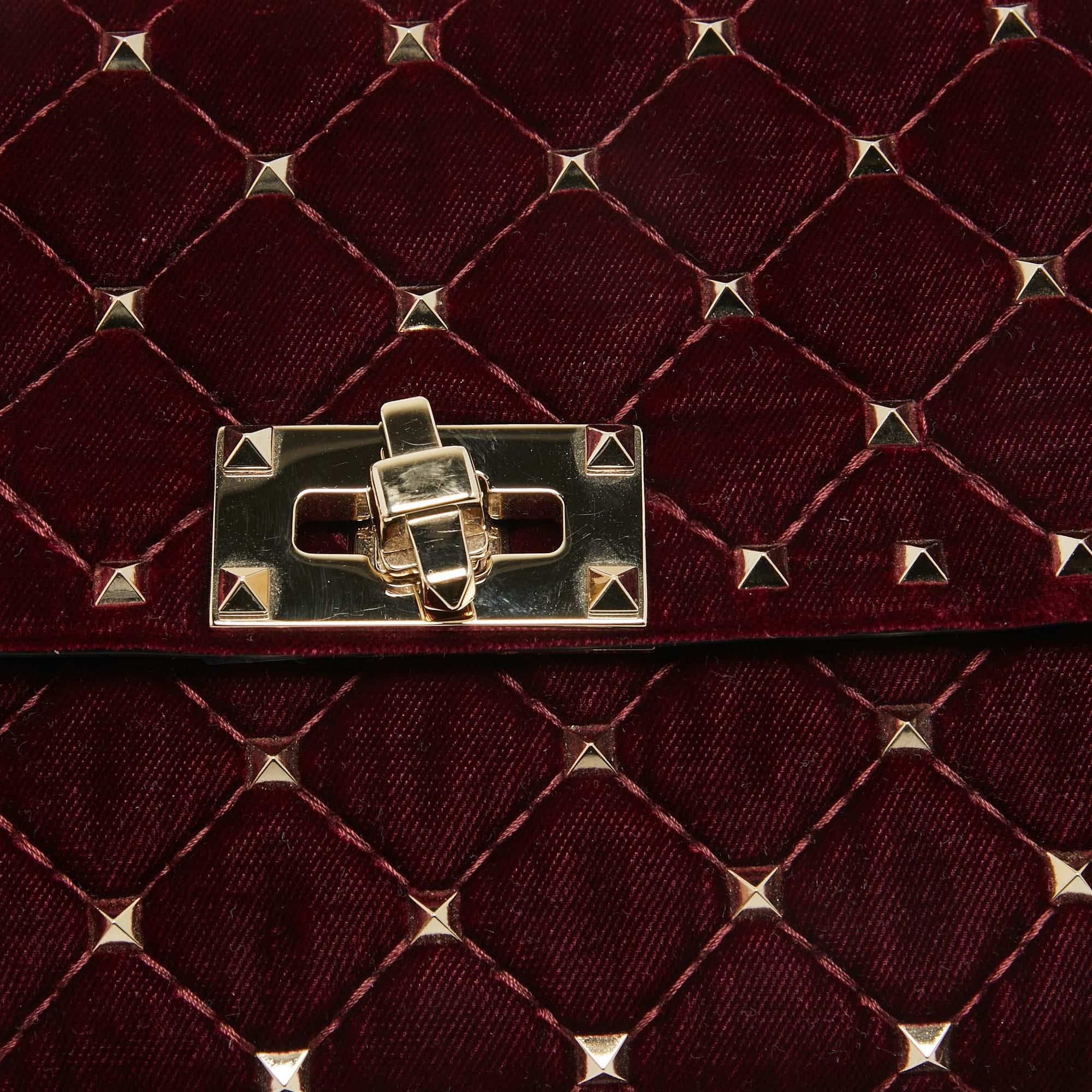 Women's Valentino Burgundy Quilted Velvet Rockstud Spike Chain Clutch