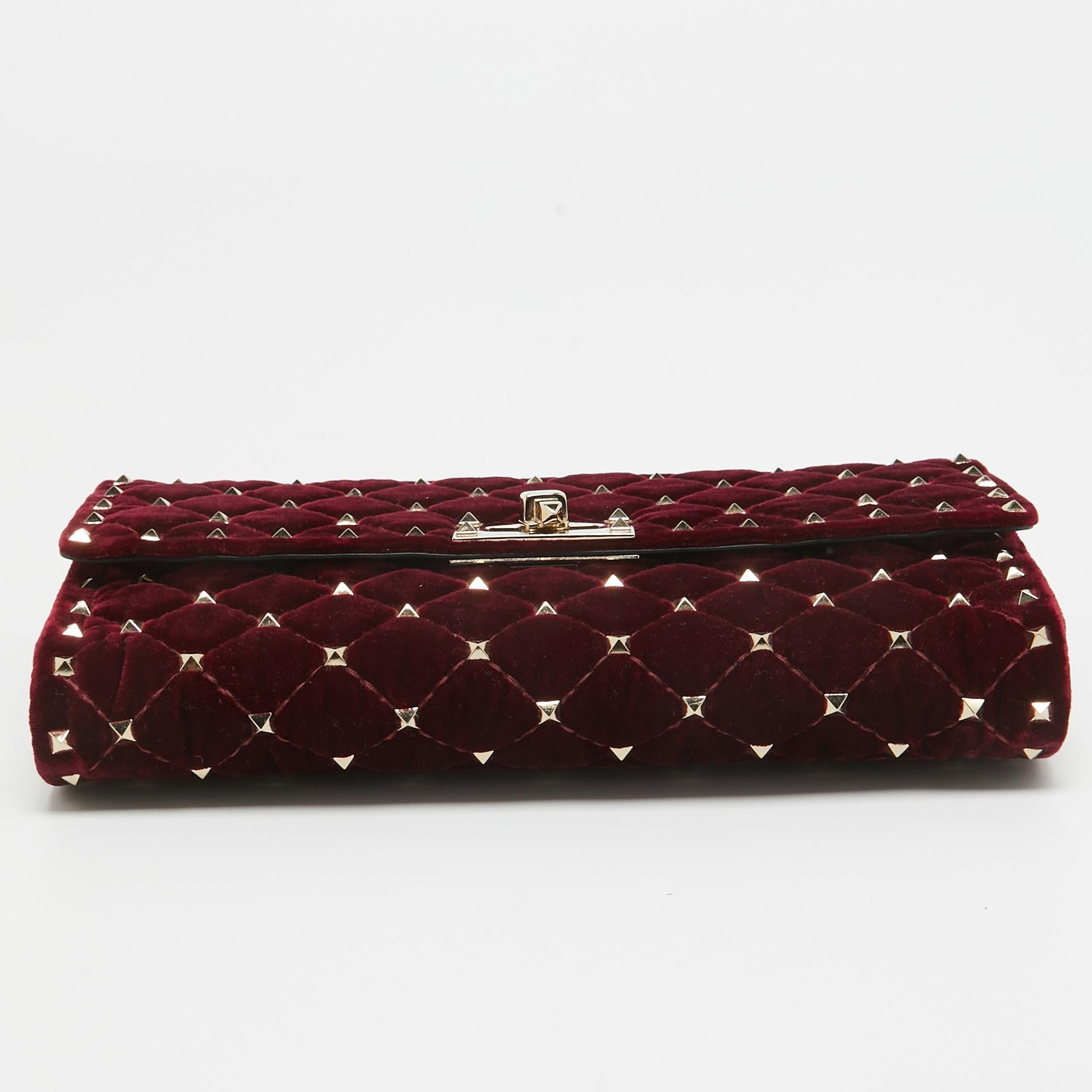 Valentino Burgundy Quilted Velvet Rockstud Spike Chain Clutch 1