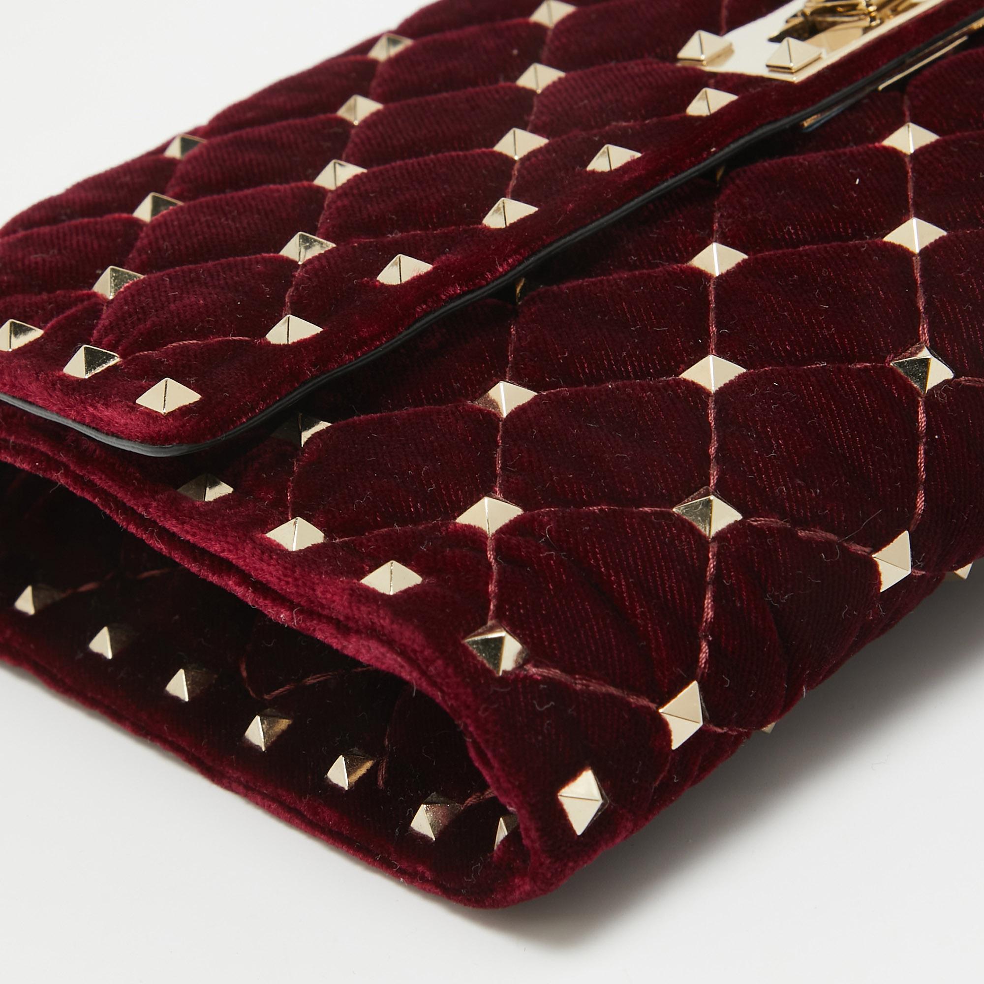 Valentino Burgundy Quilted Velvet Rockstud Spike Chain Clutch 4