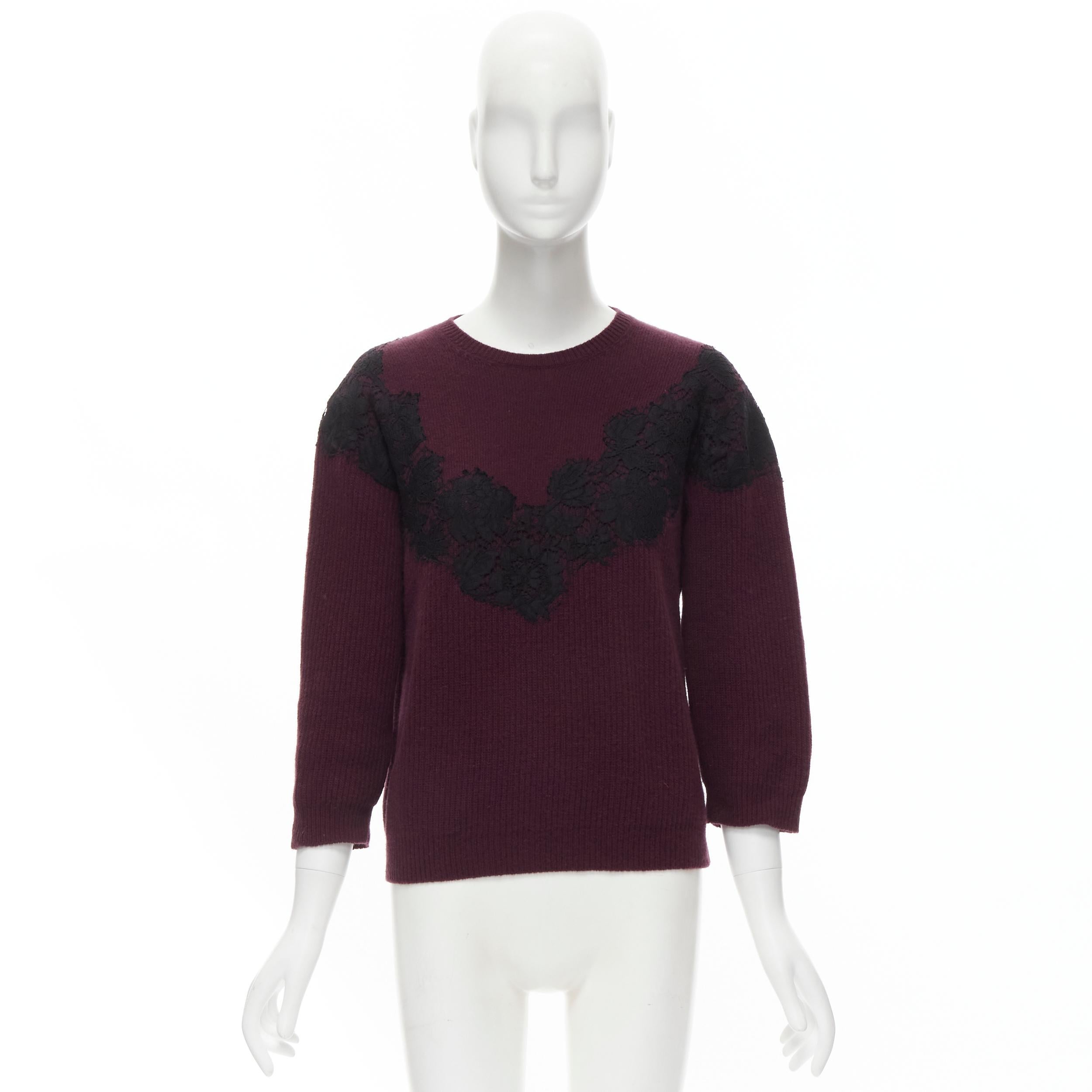 VALENTINO burgundy red virgin wool cashmere black floral lace applique sweater  For Sale 4