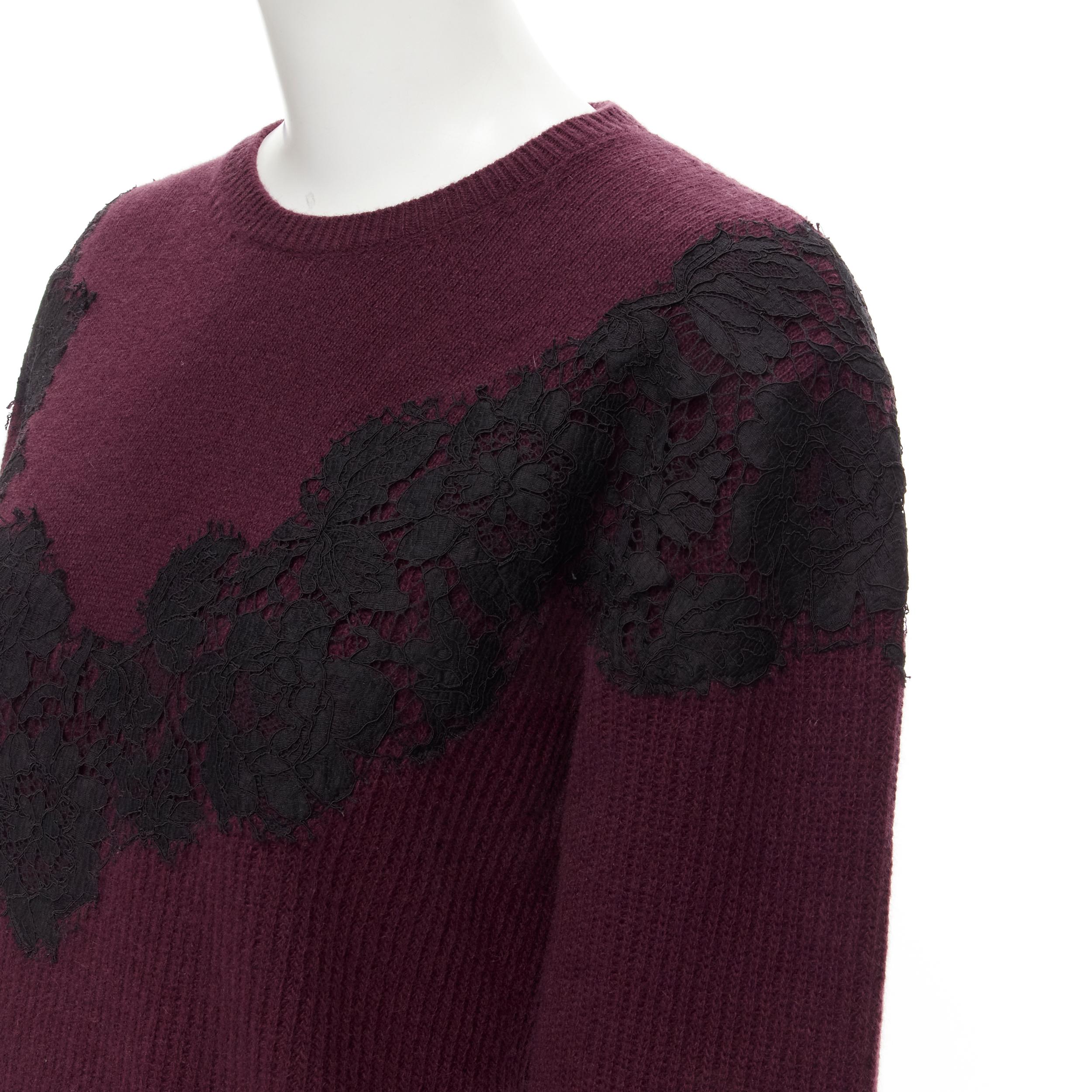 VALENTINO burgundy red virgin wool cashmere black floral lace applique sweater XL 
Reference: MELK/A00044 
Brand: Valentino 
Material: Virgin wool 
Color: Burgundy 
Pattern: Solid 
Extra Detail: Fine knit at yoke. Black floral lace applique across