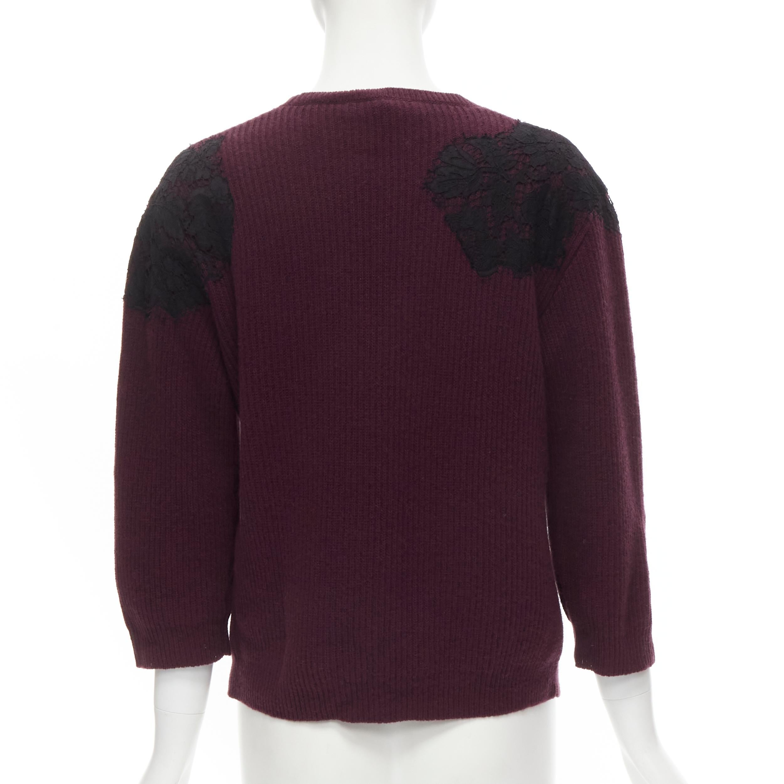 Black VALENTINO burgundy red virgin wool cashmere black floral lace applique sweater  For Sale