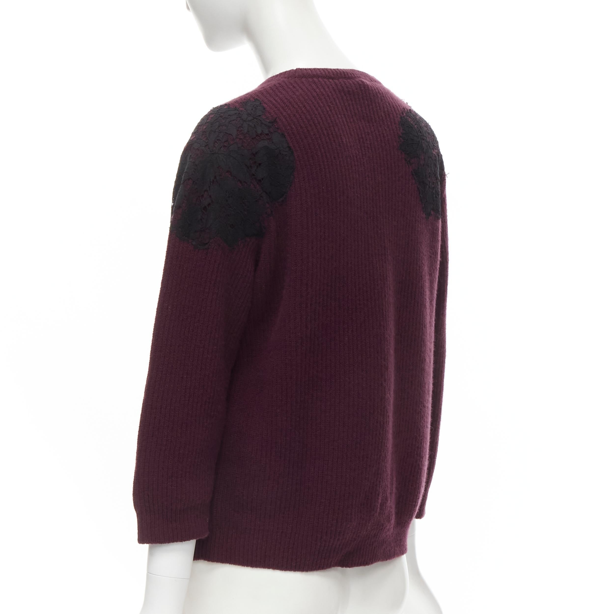 Women's VALENTINO burgundy red virgin wool cashmere black floral lace applique sweater  For Sale