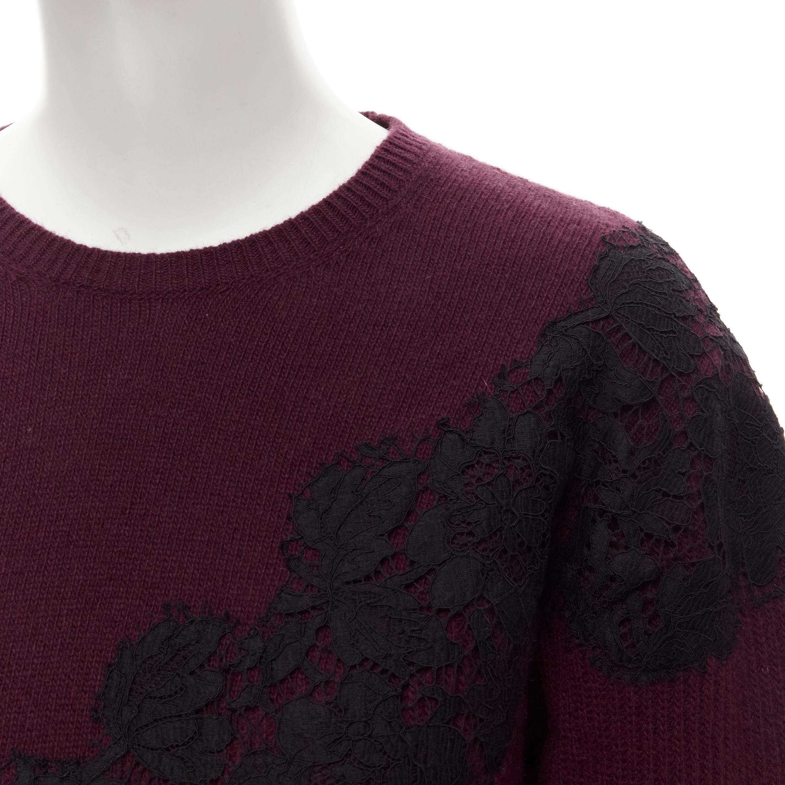 VALENTINO burgundy red virgin wool cashmere black floral lace applique sweater  For Sale 1