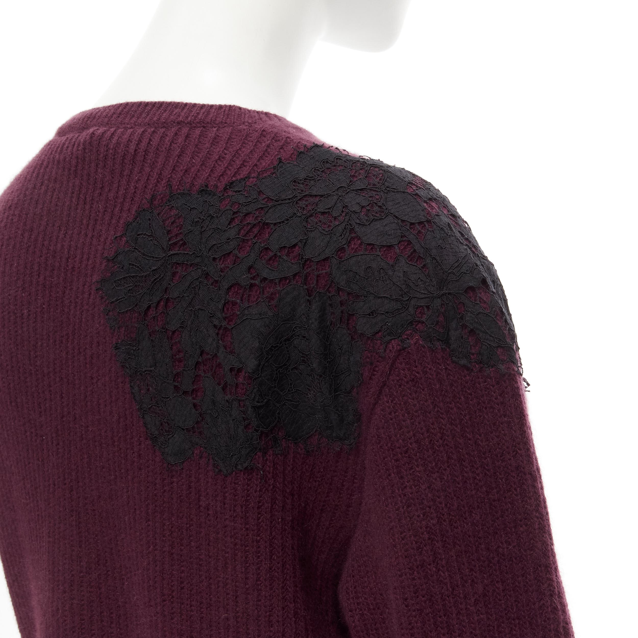 VALENTINO burgundy red virgin wool cashmere black floral lace applique sweater  For Sale 2