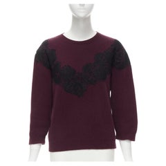 VALENTINO burgundy red virgin wool cashmere black floral lace applique sweater 