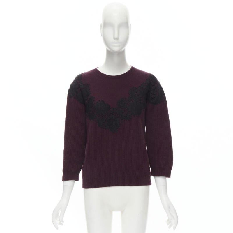 VALENTINO burgundy red virgin wool cashmere black lace applique sweater XL For Sale 6