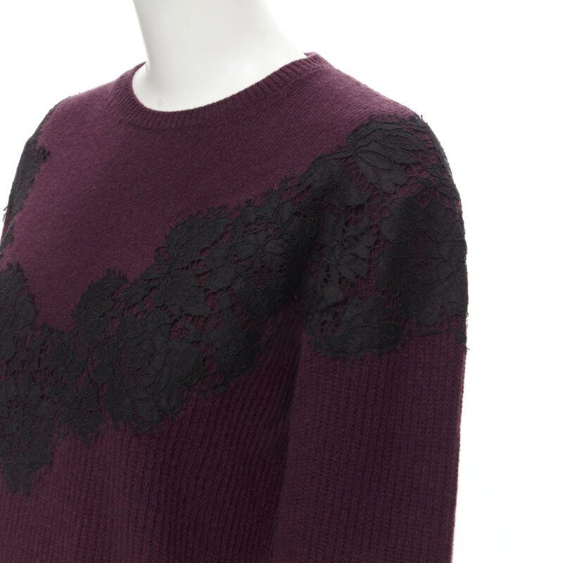 VALENTINO burgundy red virgin wool cashmere black lace applique sweater XL
Reference: MELK/A00044
Brand: Valentino
Designer: Pier Paolo Piccioli
Material: Virgin Wool, Cashmere
Color: Burgundy, Black
Pattern: Solid
Extra Details: Fine knit at yoke.