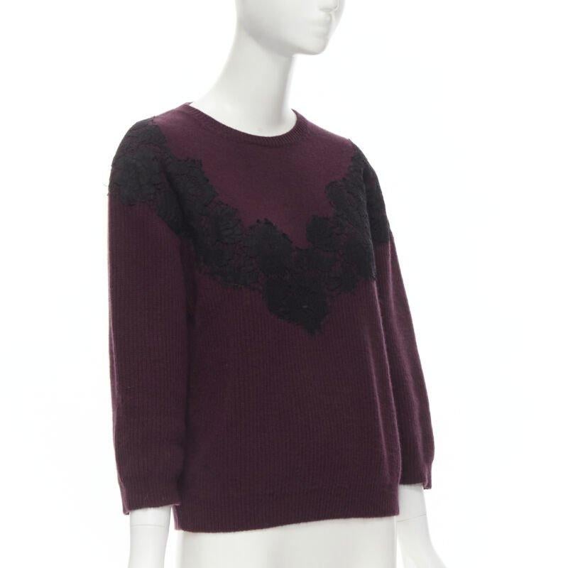 Black VALENTINO burgundy red virgin wool cashmere black lace applique sweater XL For Sale
