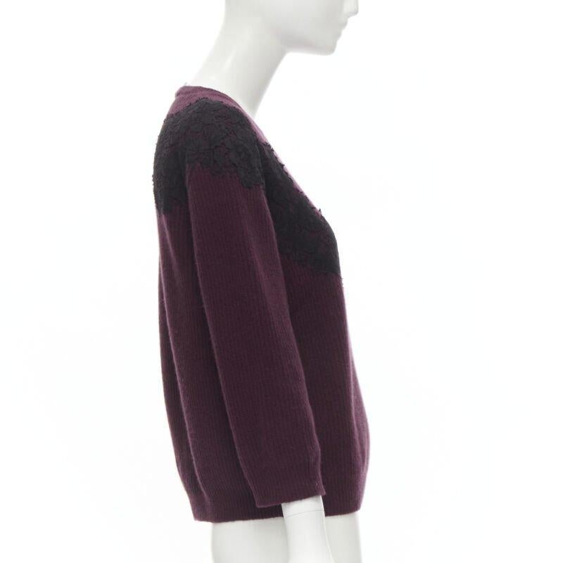 Women's VALENTINO burgundy red virgin wool cashmere black lace applique sweater XL For Sale