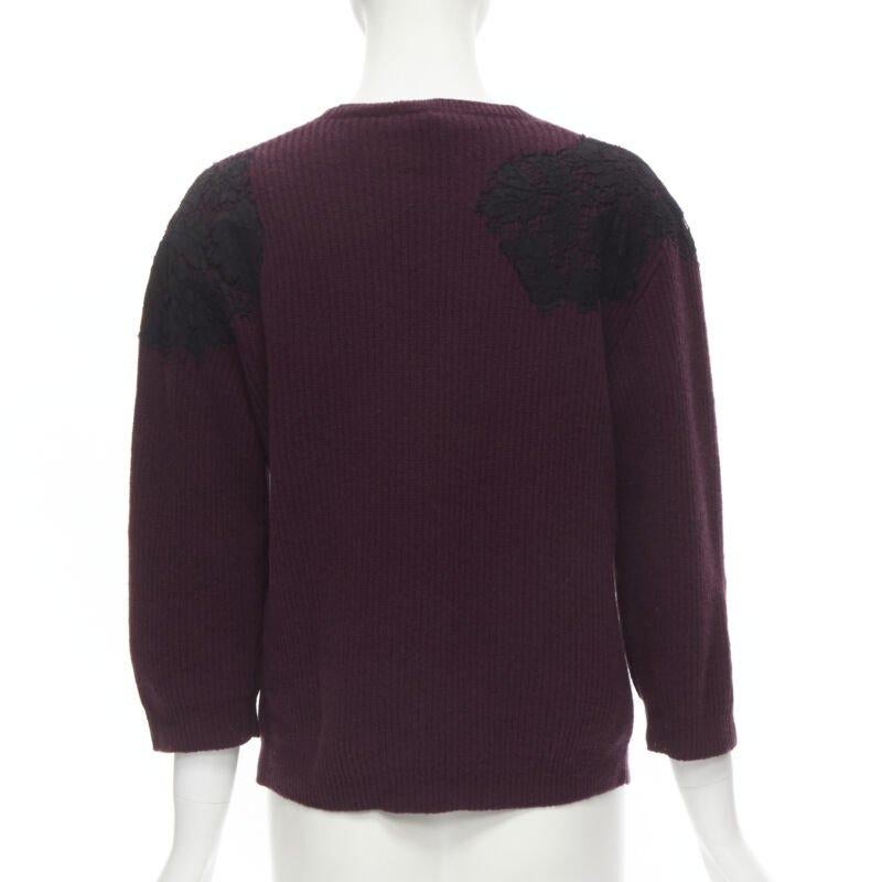 VALENTINO burgundy red virgin wool cashmere black lace applique sweater XL For Sale 1