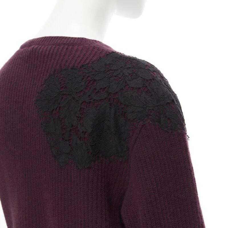 VALENTINO burgundy red virgin wool cashmere black lace applique sweater XL For Sale 4