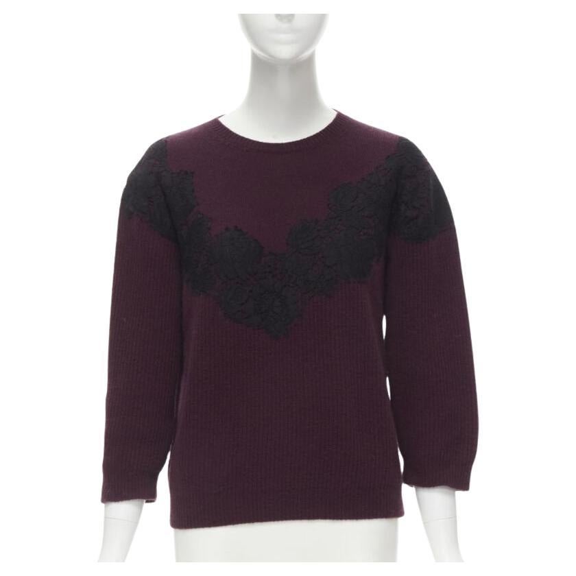 VALENTINO burgundy red virgin wool cashmere black lace applique sweater XL For Sale