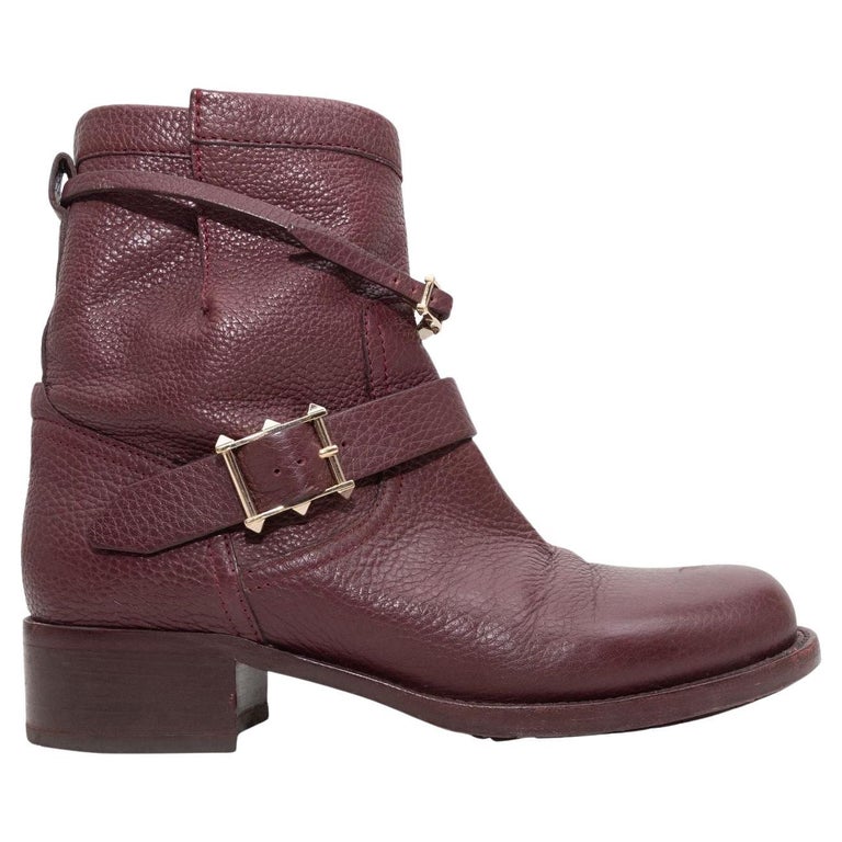 Valentino Burgundy Rockstud Leather Moto Boots For Sale at 1stDibs