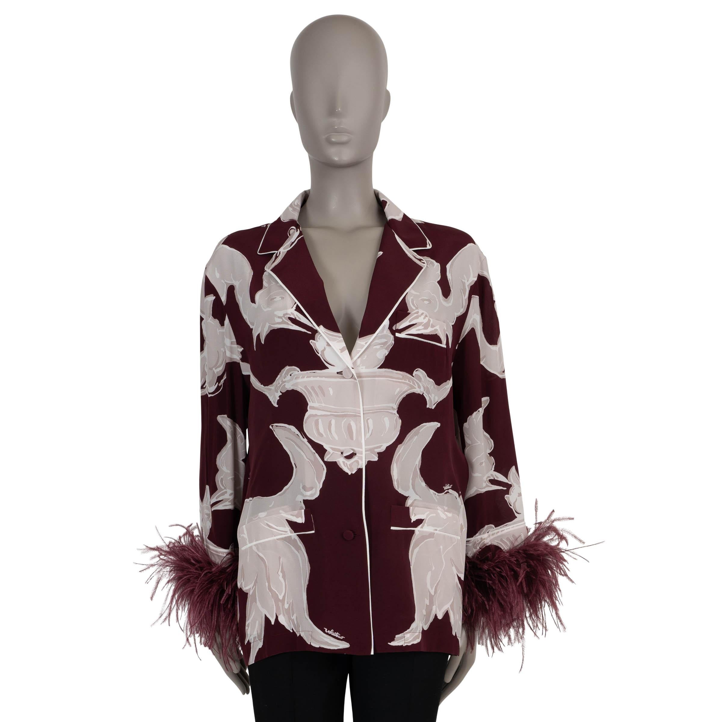 VALENTINO burgundy silk 2024 METAMORPHOS GRYPHOS FEATHER Blouse Shirt 40 S For Sale
