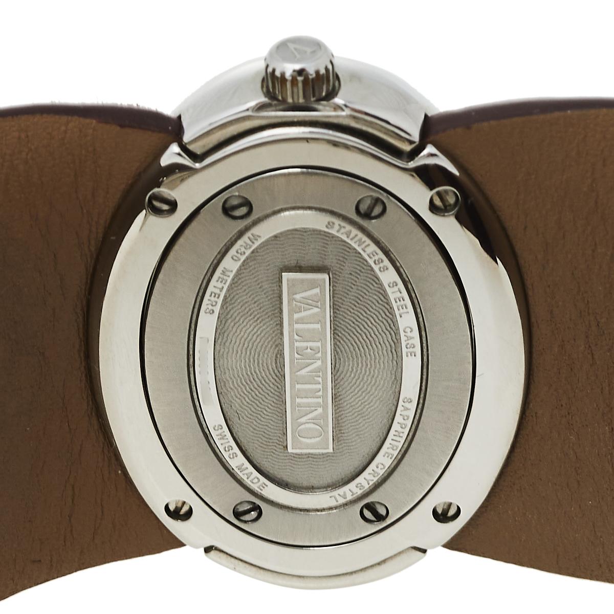 Valentino Burgundy Stainless Steel & Leather Signature Women's Wristwatch 36 mm In Good Condition In Dubai, Al Qouz 2