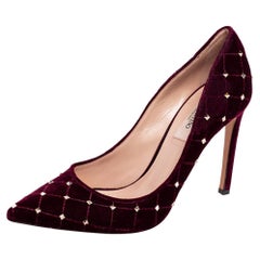 Valentino Burgundy Velvet Rockstud Spike Pointed Toe Pumps Size 36.5