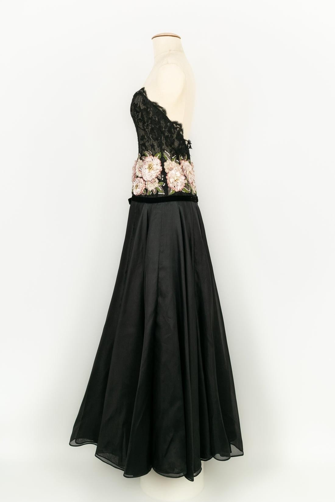 Women's Valentino Bustier Dress in Black Silk and Taffeta Embroidered Flowers