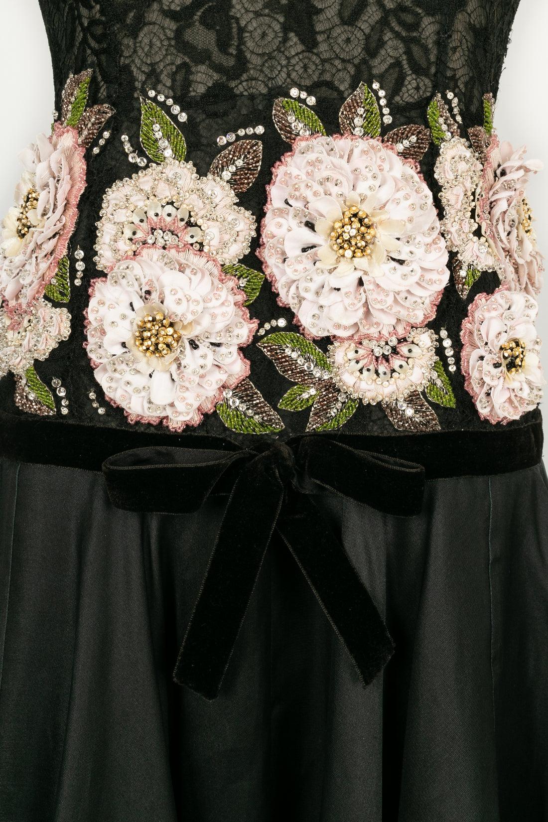 Valentino Bustier Dress in Black Silk and Taffeta Embroidered Flowers 1